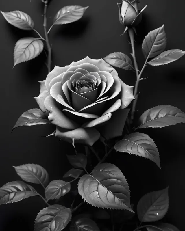 Abstract dark wall art, rose bush, Hyperrealism, 4k, High Definition, creative masterpiece, Black and White, Mystery