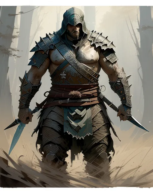 a giant without skin but in bone armor. instead of hands, he has bone blades