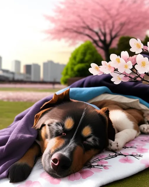 A dog sleeping on a blanket under - Free AI Photo Generator - starryai