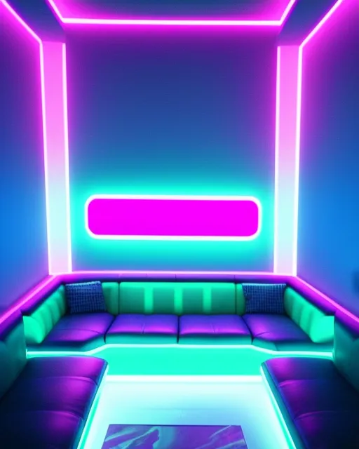 Dreamscape 1980s aesthetic neon lighting lounge futuristic 80s vibe interior 