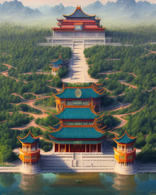 Forbidden Chinese Palace, beautiful landscape,  realistic and natural,  detailed full-color,  nature,  hd photography,  galen rowell,  david muench,  perfect composition,  gloss,  hyperrealism, J. E. H. MacDonald, long shot, aerial view, golden hour, national geographic photo, hyperrealism, polished, radiant