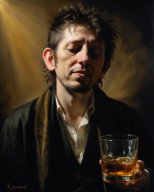 A portrait of Shane McGowan, where streams of whiskey are flowing, dramatic lighting, emotional intensity, tenebrism, soft edges, oil on canvas, romanticism, realism, chiaroscuro, by Rembrandt van Rijn, by Rembrandt