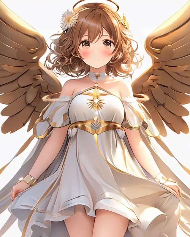 A beautiful brown haired angel, she has wings, full body photo, majestic, divine, holy, cute beautiful