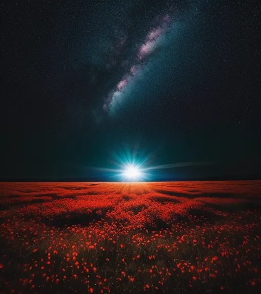 Flying a drone on a beautiful, colorful new planet. Stars and planets light up the sky. Purple sky. Red grass and plants on the ground. Exploring with technology. Drone pilot. 