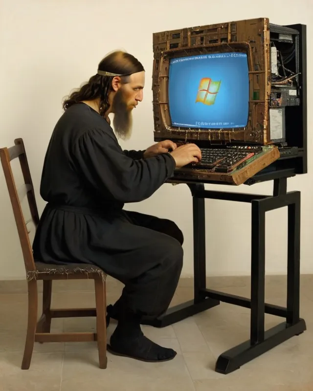 DaVinci Oil Paointing, 16th Century European Man Working On A Modern Day computer mainframe