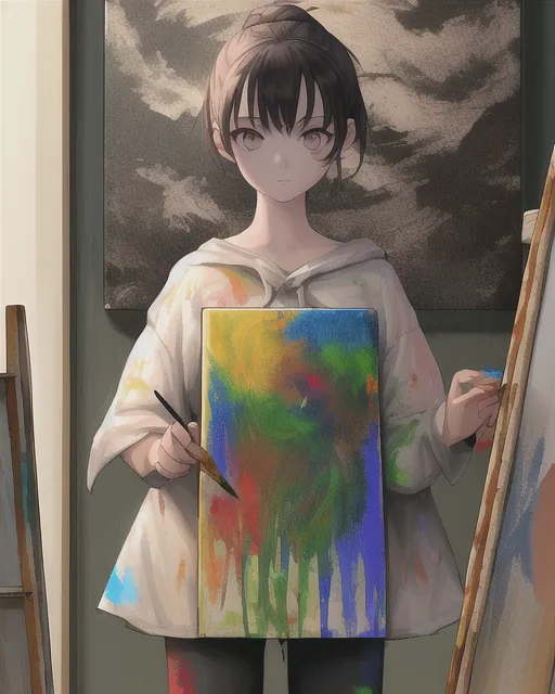 a girl that is covered in paint and is holding a paint brush and painting on a canvas