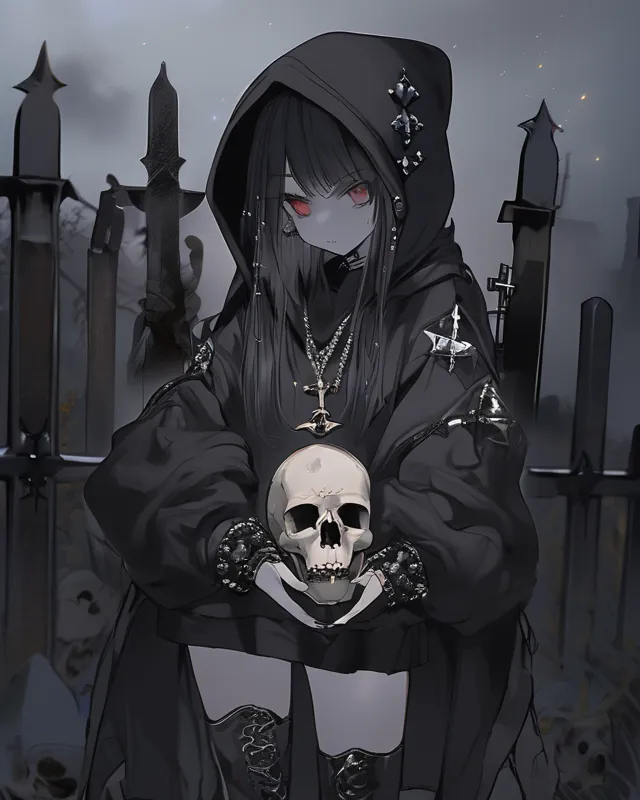 a satanist girl in a black voluminous hoodie with a pengram on the chest, in metal jewelry with studded bracelets, in large knee-length boots, standing in a cemetery at night with a skull and candles in her hand