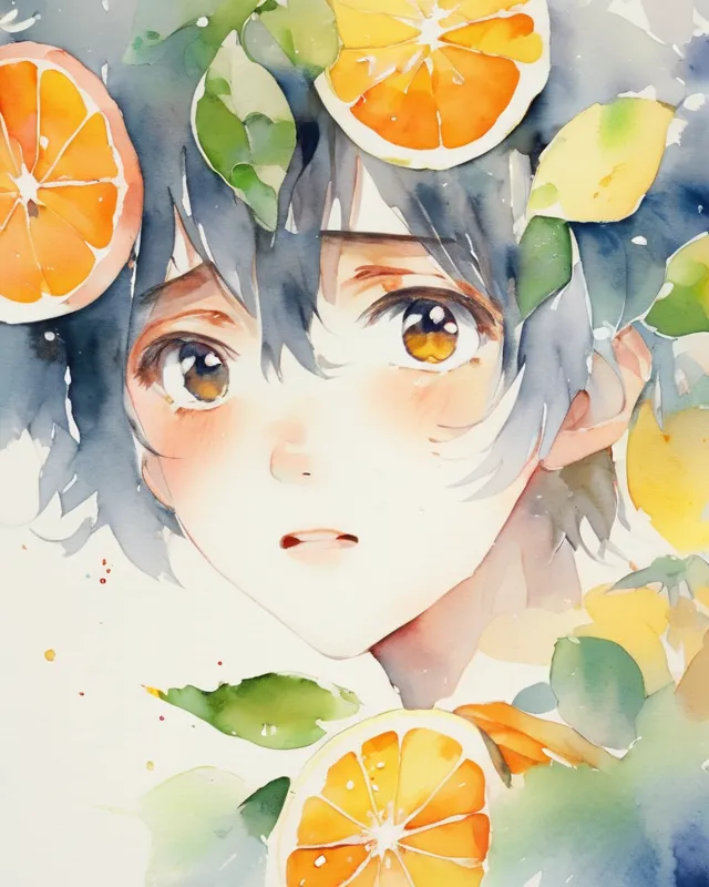 Boy with citrus eyes, beautiful watercolor --anime 