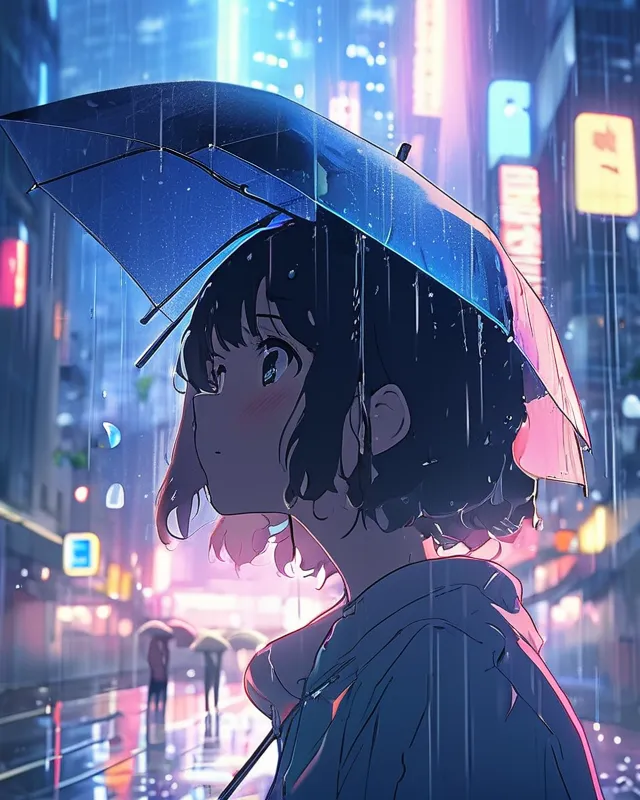 As the rain falls🌧. 4K picture anime looking up in city watching the rain fall, flashy lights neon city hidden meaning