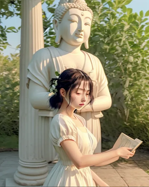 Young Japanese woman black hair and white dress pressed against column buddha behind her