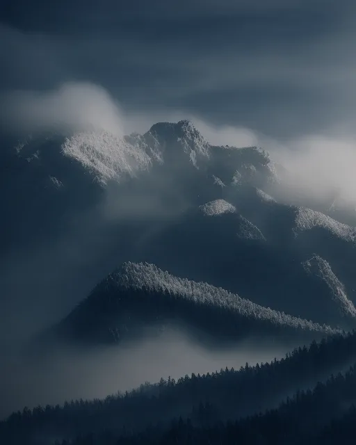 Foggy snowy mountains - Free AI Photo Generator - starryai