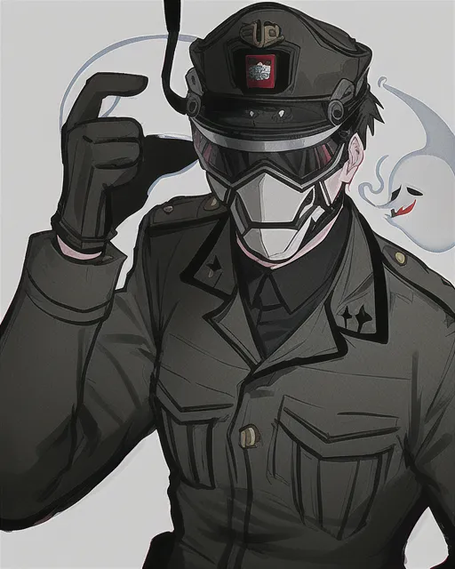 Major Russell "Prowl" David, a England male operator, wears a ghost mask, with a black military jacket, with fighting gloves and cap equipped with night vision goggles 