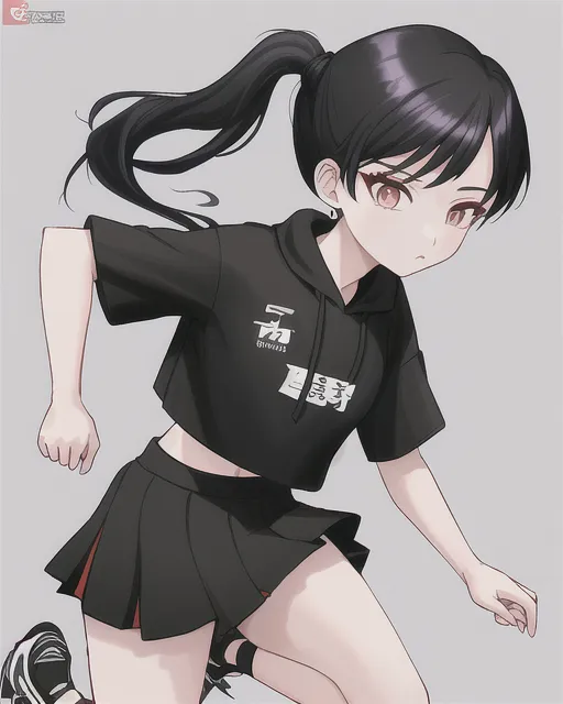 A korean girl name Wonyun ChaeHyun, black ponytail hair, black short sleeve hoodie crop top, black skirt and sport shoes