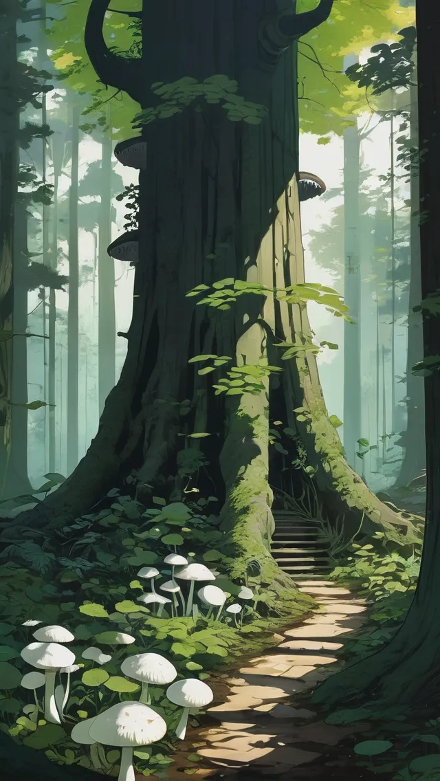 Gorgeous anime artwork by Charles Huettner, green leaves on the floor, tall thing white mushrooms, dark green thick tree trunks, flat lighting, flat shadows 