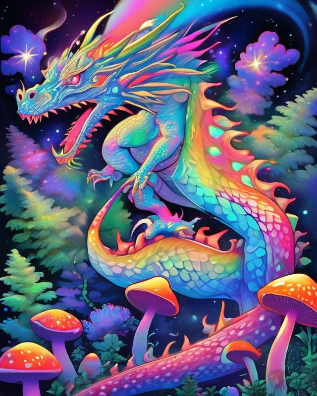 Bioluminescent dragon, rainbow, colorful, mushrooms cannabis psychedelic metaphysical astral projection universal 