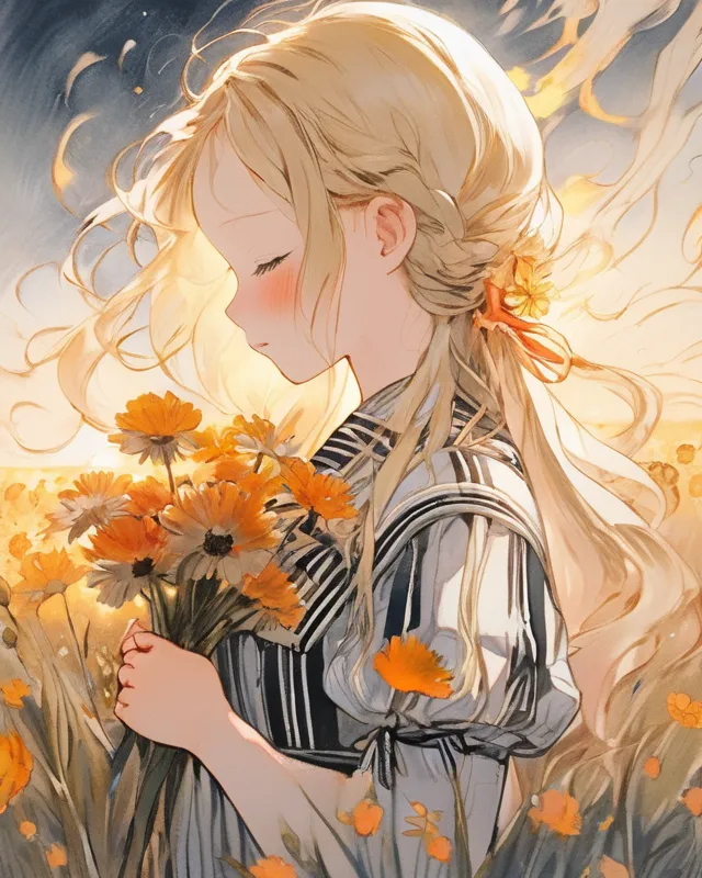 young girl standing in a field side view with eyes closed peacefully holdiing a flower up to her face. girl is wearing a black and white striped dress with blonde hair and blue eyes pale skin surrounded by flames