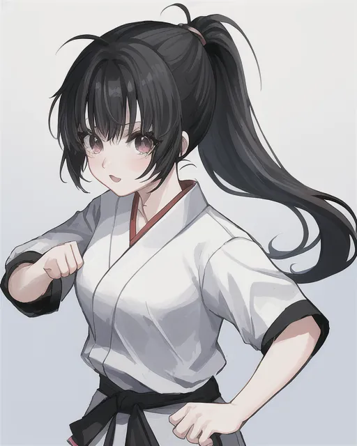 An anime korean girl name Jang Eun-Young, black long ponytail hair, karate clothing, kawaii