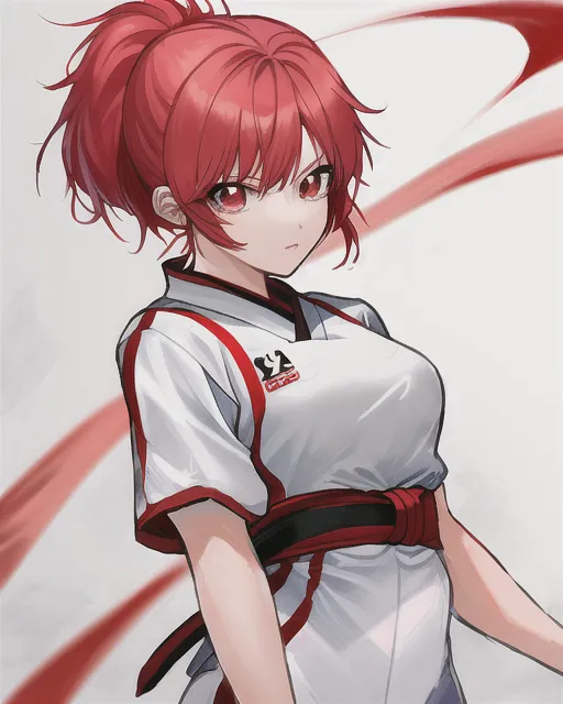 An anime korean girl name Seo Haewon, red short ponytail hair, Taekwondo clothing 