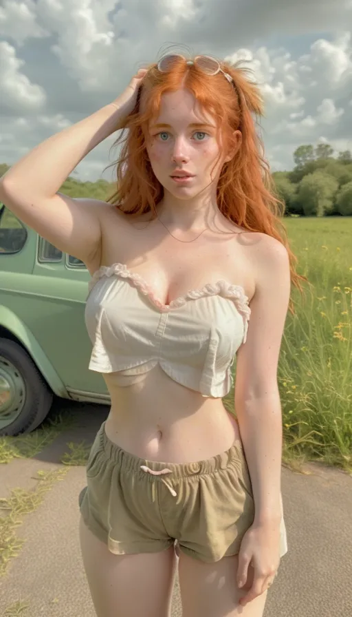 Very pretty ginger woman of 33 years old, very small breasted, freckles, tan lines, friendly face, wearing a dirty, stained and torn strapless crop top and hotpants and working on an old car