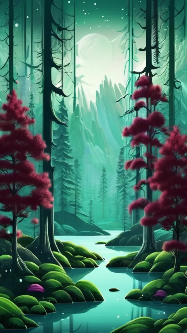 Landscape, rough lake in forest, detailed_fantasy_background, 3D, 8k, bioluminescent plants, white, green and burgundy bioluminescent plants, detailed_fantasy_background, hyperdetailed; meticulously composed concept art, fascinating_stars, masterpiece, mystic fog, 8k