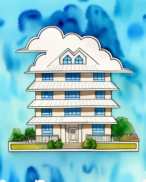 Cloud architecture fancy house, corporate memphis, layered paper, sticker illustration, watercolor & pen