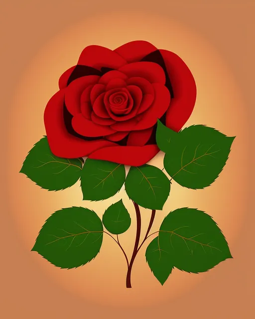 , 2d vector illustration portrait,  beautiful,  vibrant,  digital art of velvet red rose with velvet brown stem and velvet green leafs