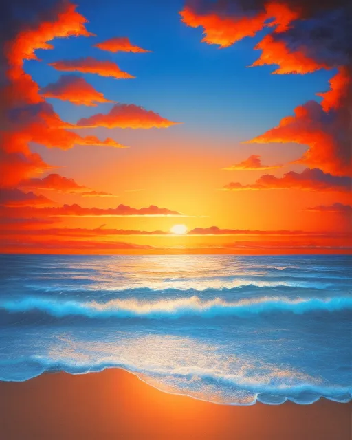 a realistic beach with seashells,sunset ocean with a blanket of blue clouds over the ocean,complementary colors,highly intricate and hyperdetailed matte painting,deep color,complementary colors,