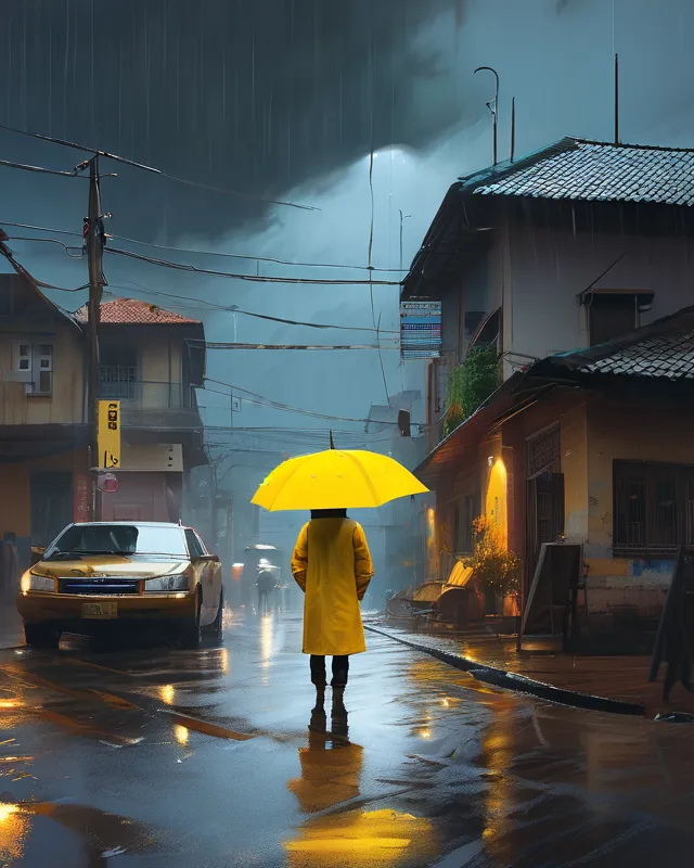 , hyperrealism, trending on artstation, matte painting, beautiful, tornadic, ethereal, flickering light, ismail inceoglu, matte painting, romanticism, expressionism, hyperrealism, sturm und drang, canaletto, night, raining hard, yellow street light, a child in yellow raincoat and yellow umbrella floating a paper boat, sad atmosphere, raining, moon behind the clouds 