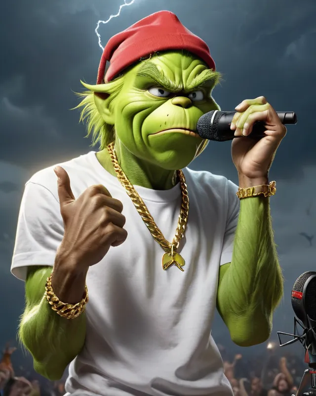 The Grinch wearing Michael Jordan sneakers white t shirt golden grill and gold chain both holding a mic in their hands rapping on stage