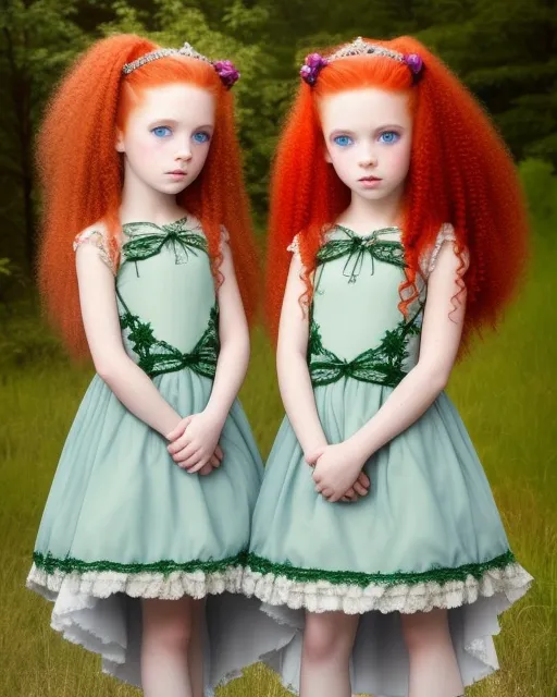 Fraternal twin girls 7 yrs old, princesses, on red hair long straight, green eyes, bold sister, second sister shy, blue eyes, white blond hair, pale skin, tight curly hair, beautiful dark fantasy