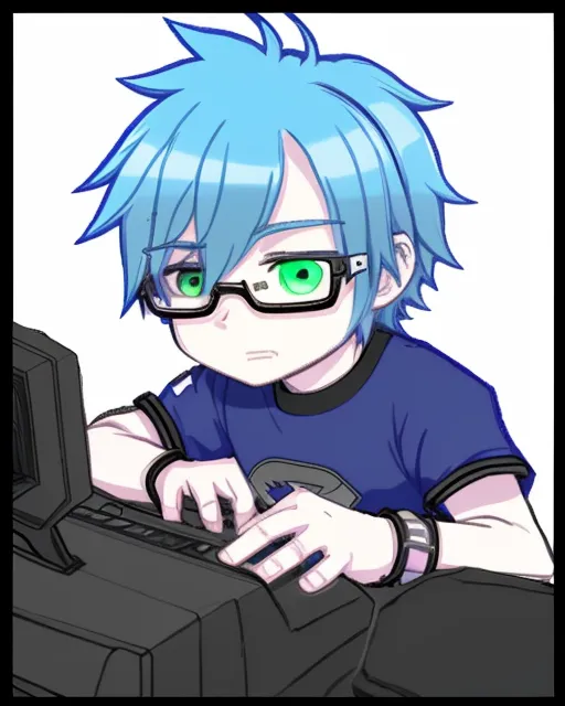 A young geek boy with blue hair is playing video game, cute, anime style, hyper realism, hyper detailed 