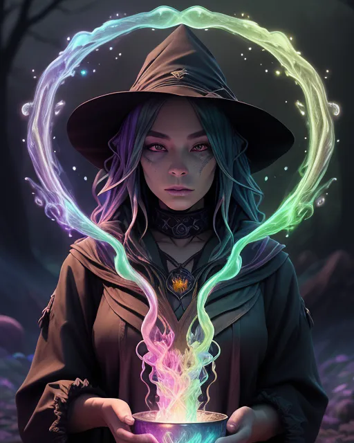 Magician brewing glowing green liquid in a rainbow colored cauldron, rainbow smoke coming from cauldron,night, full moon, waterfalls, ,  extreme detail,  digital art,  4k,  ultra hd,  detailed,  vibrant,  anime face,  sharp focus,  character design,  wlop,  character design, beautiful fantasy landscape,  realistic and natural,  cosmic sky,  detailed full-color,  nature,  hd photography,  realistic surrealism,  elements by nasa,  magical,  detailed,  gloss,  hyperrealism, trending on artstation, cryengine