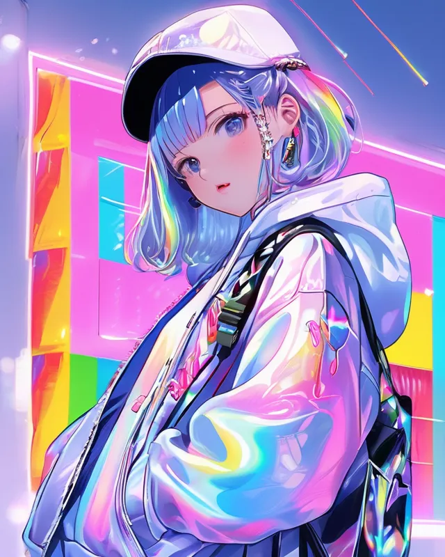 transparent color PVC hoodie, transparent color vinyl clothing, prismatic, holographic, chromatic aberration, fashion illustration, masterpiece, girl with harajuku fashion, looking at viewer, 8k, ultra detailed, pixiv