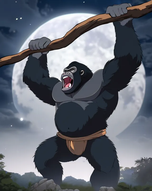 gorilla yelling with arms raised above his head, flexing his arms, with a large full moon in the background, dark background, bright moon, 