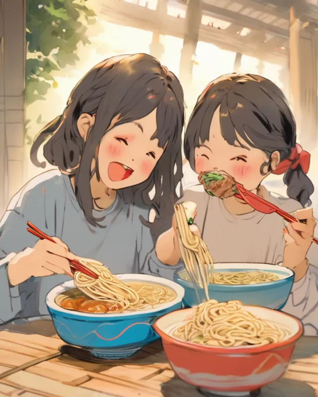 girl eating noodles with her best friend while drawing