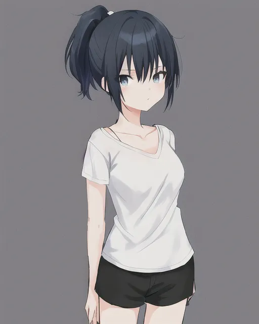 An anime girl with dark blue short ponytail hair, in casual white t-shirt, black shorts