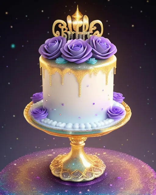 white purple silver blue cake with glitter roses and sparkly sprinkles  an the words happy birthday  in gold and black 