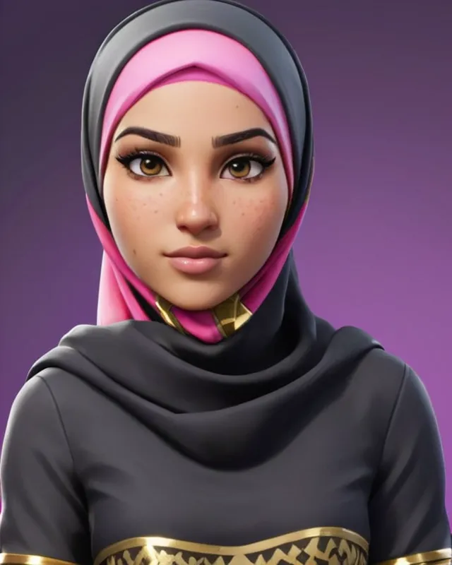 Turn this into fortnite skin with pink and gold dress and a muslim hijab 