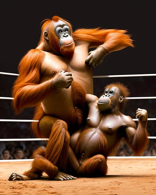 Orangutan wrestling WWE style￼, concept art, national geographic photo, hyperrealism, detailed