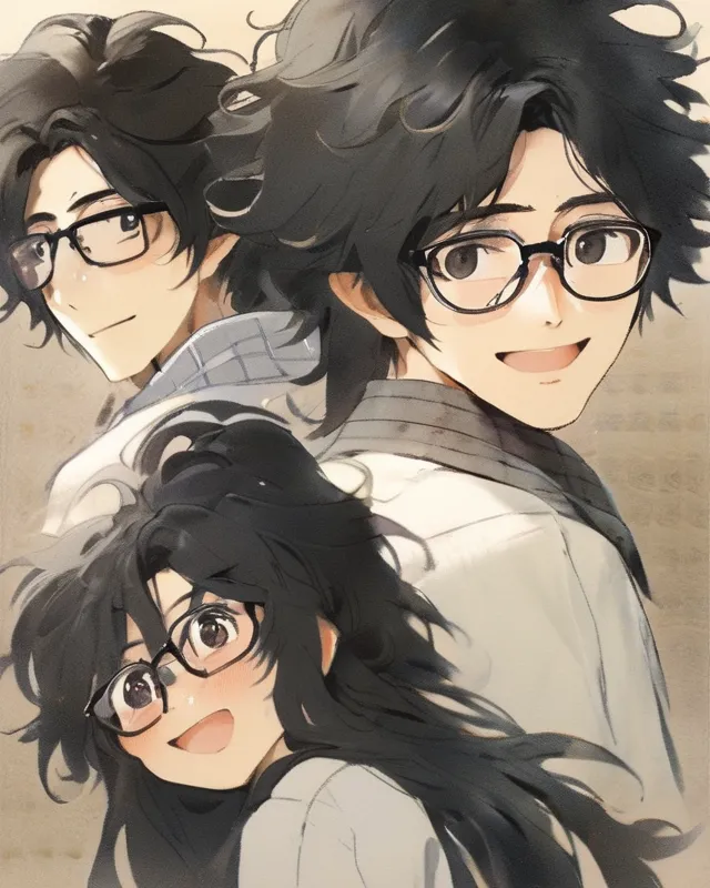 cute man with long fluffy black hair and black-rimmed glasses