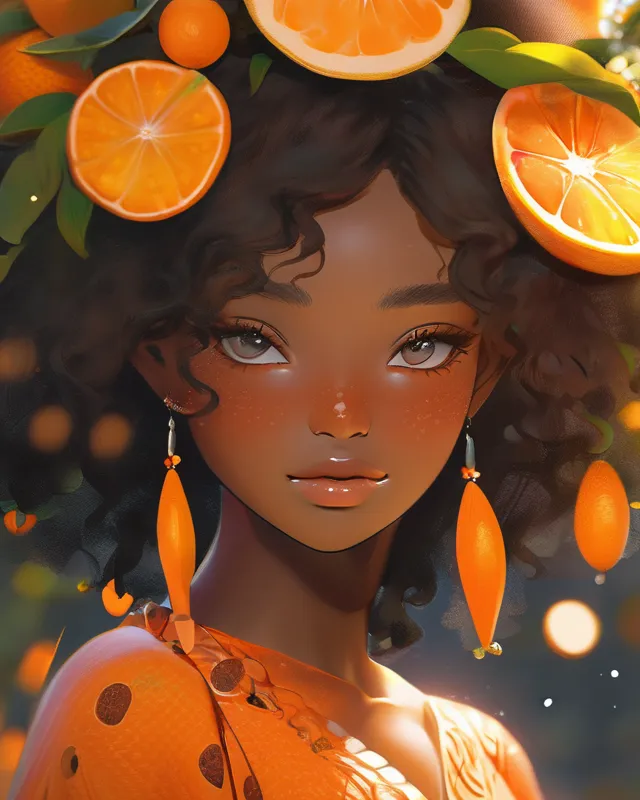Orange fruit black girl, beautiful, in orange dress. With freckles. Slim Face, Detailed Face, Centered Close-Up, Fantasy, Anime, Colorful, Intricate Details, Trending On ArtStation, Deviantart, By WLOP, soft and wintry palette 