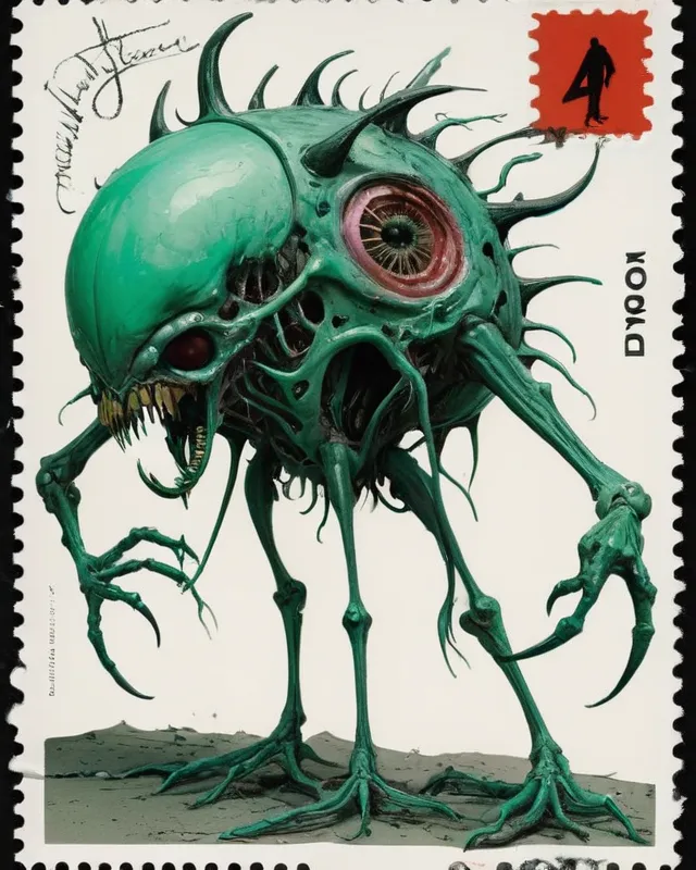 Complex lifeform that is unknown realistic random beast green unknown colors unknown organs and body structure multipedalism, dilate, art by Ralph Steadman, spectral color, film grain, cinematic light, banner, super-resolution microscopy, sketch, massive, diorama, hyper detailed, strong, postage stamp