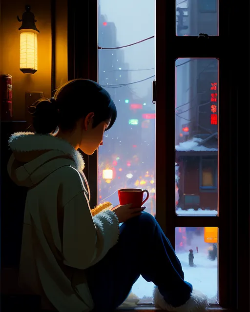 Beautiful woman in her pajamas, looking out her apartment window, sitting on her bed, wrapped in a blanket, holding a warm beverage, Christmas, cozy, winter, digital art, snowing outside, warm inside,