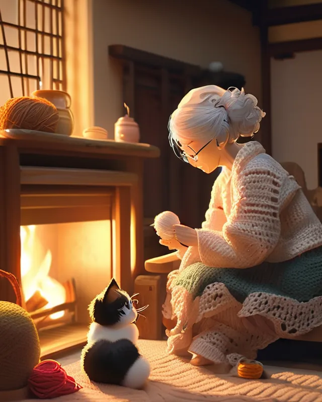 Granny sitting fireplace A yarn - Free AI Photo Generator - starryai