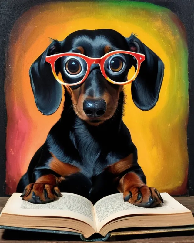 A black dachshund reading starryai - - glasses, Generator Photo AI