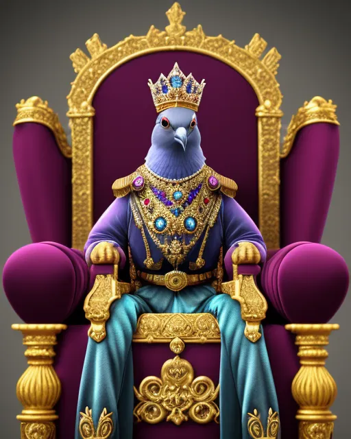 Pigeon King, royal, majestic, imperial, magnificent, vibrant, sitting on a jeweled, velvet throne, detailed, photorealistic, unreal engine, deviantart 