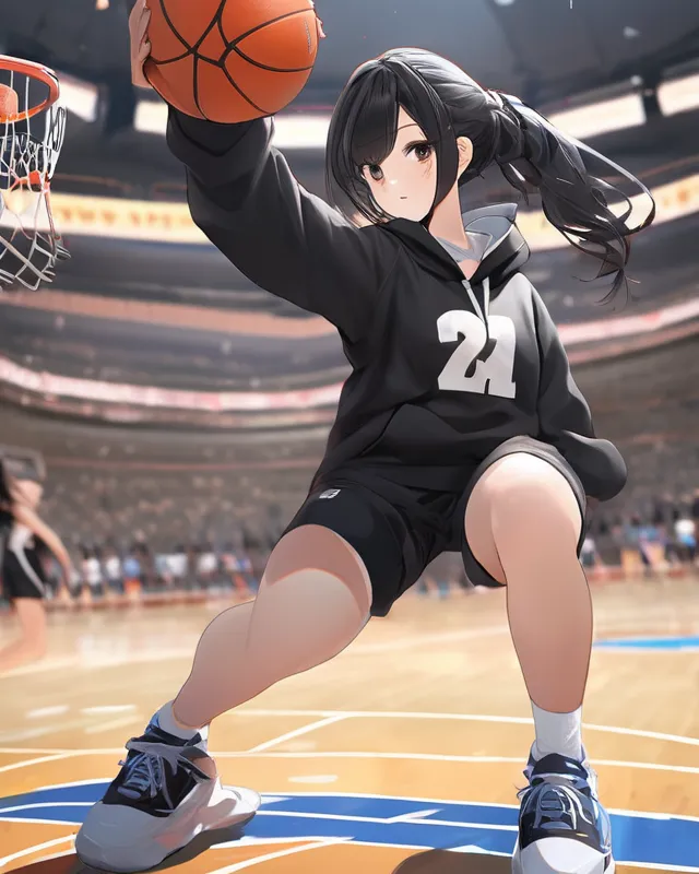 Girl with black hair long ponie tail, black shorts, black hoodie, playing basketball