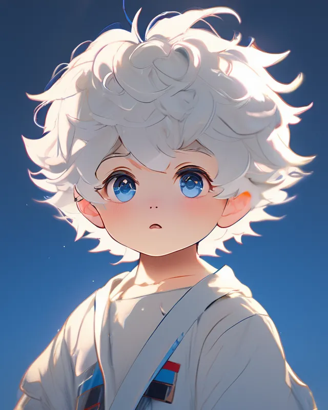 A Male toddler with white curly hair and blue eyes, anime character,  detailed,  vibrant,  anime face,  sharp focus,  character design,  wlop,  artgerm,  kuvshinov,  character design,  unreal engine