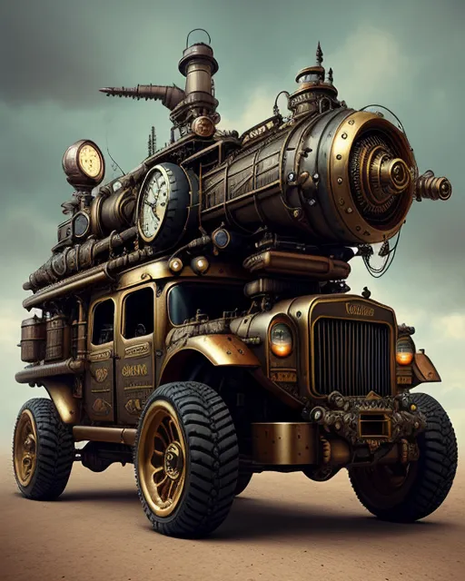 Off-road monster, industrial, rugged, parked, steampunk, vintage, 