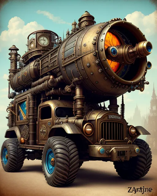 Off-road monster, industrial, rugged, parked, steampunk, vintage, heavily patinad red and blue vehicle, monstertruck wheels, 